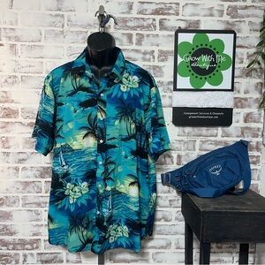 Casual Blue and Green Button Down Shirt with Tropical Print